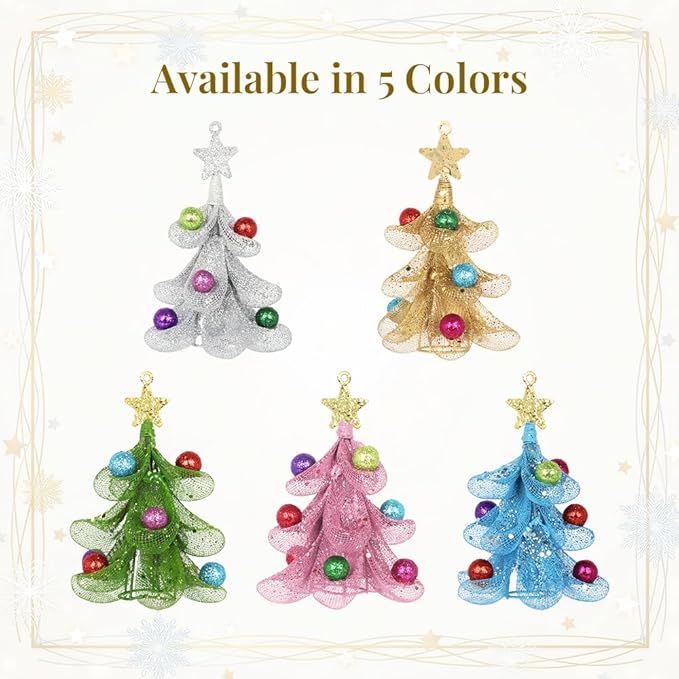 XMIAOX Mini Metal Christmas Tree, 5.9" Handcrafted Wire Mesh Tree Tabletop Hanging Ornament with Star Tree Topper & Colorful Glitter Balls, Sparkling Holiday Decoration for Desk, Shelf & Home Décor
