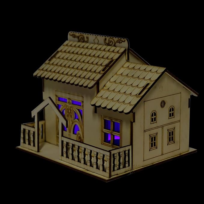Buachois House Piggy Bank, 13 X 14 X 15cm Miniature Villa Coin Storage Box with Night Light, Wooden Money Bank House Model Dollhouse for Great Desktop Gift(#2)