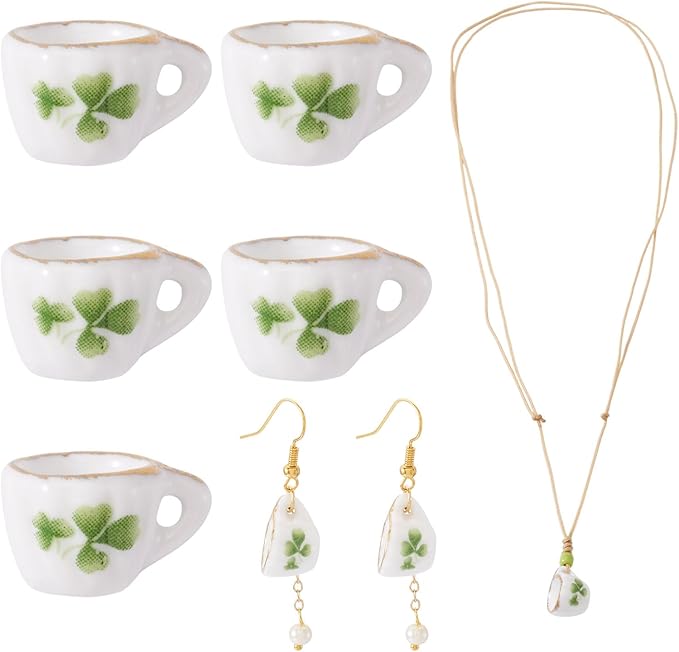 5Pcs Lucky Clover Mini Porcelain Tea Cup Decorations 3D Ceramic Tea Set Miniature Model Ornaments Dollhouse Micro Landscape Decoration Flower Garden Home Decor St. Patrick's Day 16x12x10mm