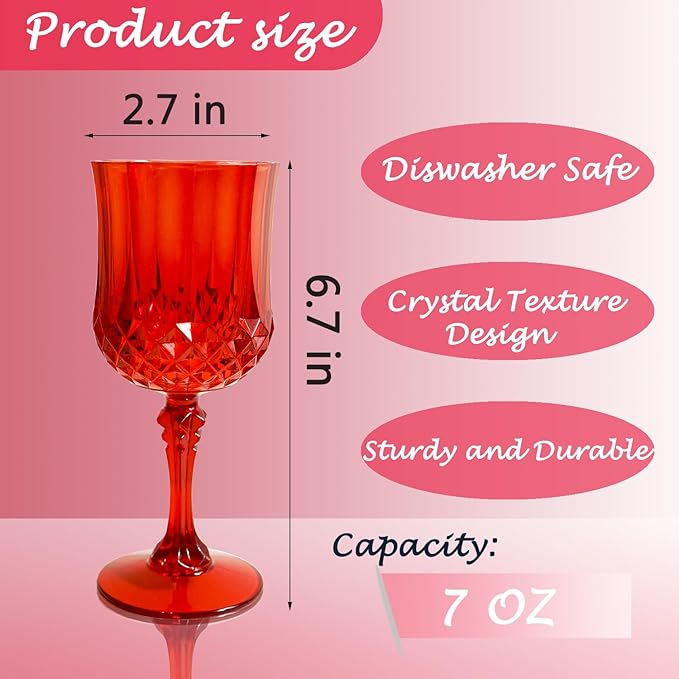 LEYIQU Plastic Wine Glasses, Plastic Goblets Vintage Style Cordial Drinking Glasses for Valentine’s Day, Wedding Reception, Grand Event Party Supplies (24, Red)
