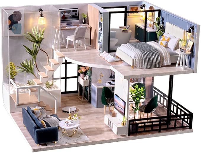 TuKIIE DIY Miniature Dollhouse Kit with Furniture, 1:24 Scale Creative Room Mini Wooden Christmas Doll House Accessories Plus Dust Proof & Music Movement for Kids Teens Adults(Satisfied Time)