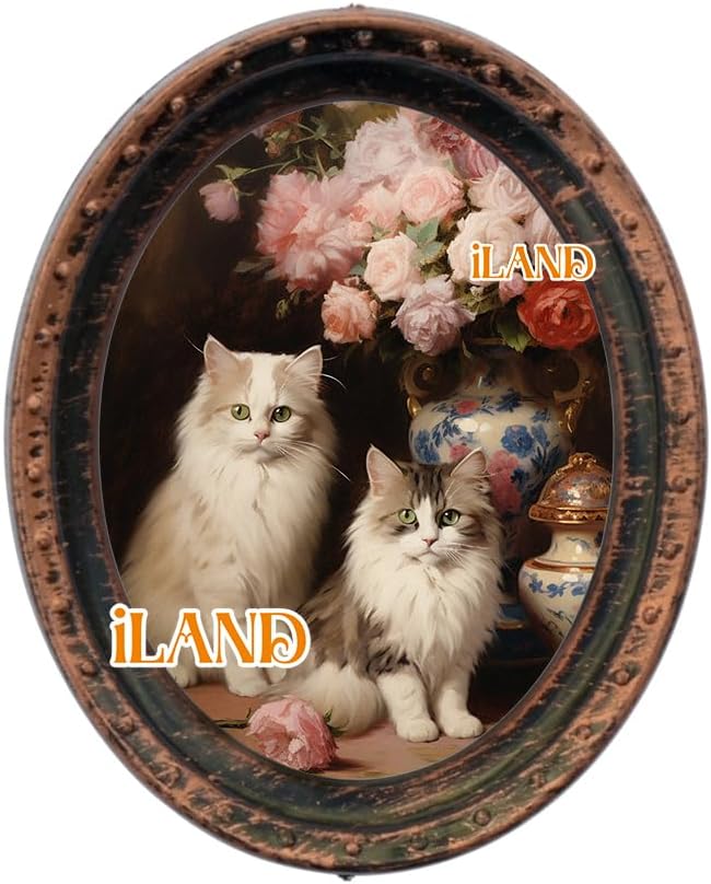 iLAND Miniature Dollhouse Accessories, 4 Dollhouse Picture Frames Set w/Printed Paintings (4 Dark Brass Oval Frames w/ 4 Pictures)