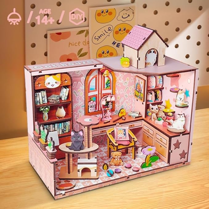 Pink DIY Miniature Dollhouse Kit, Tiny House Kits with LED Light, Mini House Making Kit to Build for Adults, Hobby Craft Gift for Christmas Day, Cat House