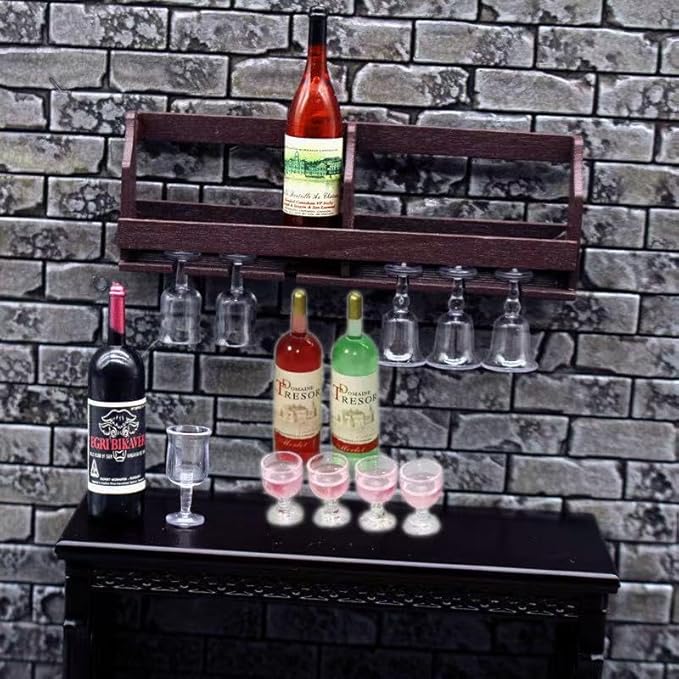 Dollhouse Accessories Mini Wine Bottles Sets with Rack - 1/12 Scale Accessories for Beer Mini Champagne Bottles, Including 1/6 Scale Display Stand(Pink Color)