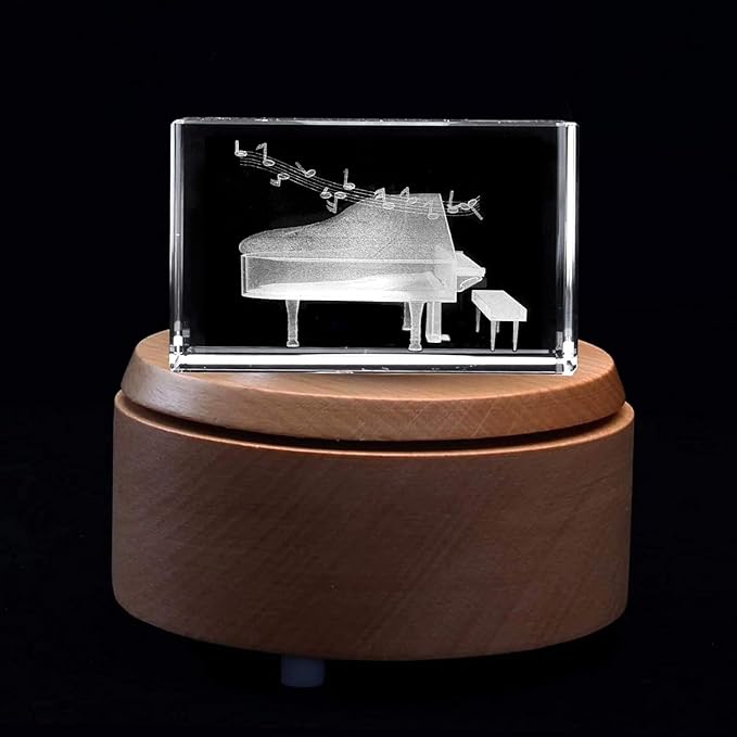 XINDAM 3D Piano Paperweight Laser Etched in Crystal Glass Cube for Graduation Christmas Birthday Valentine's Day (Included LED Base)