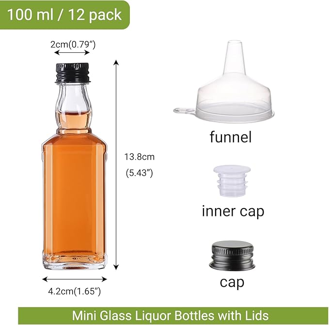 BPFY 12 Pack 3oz Glass Liquor Bottles with Lids, Empty Mini Alcohol Bottle, Small Whiskey Bottles for Cocktail, Tequila, Vodka, Wine