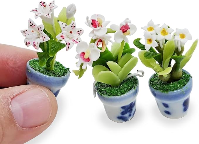WitnyStore Tiny 1½" High 3 Pieces Set Lily Orchid Plumeria Hand Made Artificial Flowers Realistic Colorful Miniature Modelling Clay Flower Pots Brilliant Variety of House Plant Species Home Decoration