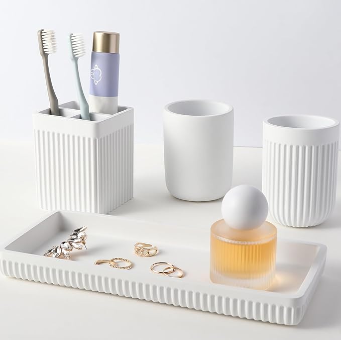 XLHOMO Resin Bathroom Toothbrush Holder Set, Matte White Bathroom Accessories Set 4 Pcs, Bathroom Tumbler Cup Tooth Brushing Cup Set with Tray, for Sink Countertop Modern Home Decor