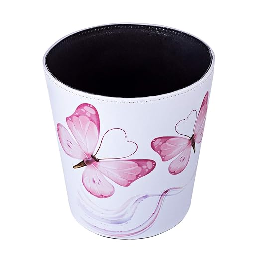 Scakbyer 10L/2.64 Gallon PU Leather Trash Can Decorative Waterproof Wastebasket Paper Basket Garbage Bin for Home Office Bathroom - Pink Butterfly