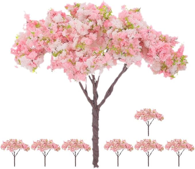 HOMSFOU 8pcs Cherry Blossom Tree Model, Artificial Blossom Cherry Tree Scenery Model Miniature Sand Table Accessories for Train Railway Architecture Diorama Micro Landscape Garden Yard Decor
