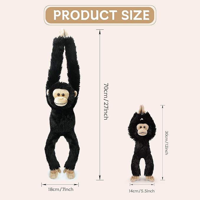 2pcs Chimpanzee Hanging Stuffed Animal Mother with Baby Hangs Plush Toys, Hooks and Stuffed Animals with Rings for Kids, Gifts for Boys and Girls（Black）