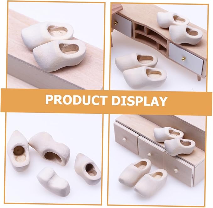NAMOARLY 4 Pairs Miniature Wooden Doll Shoes DIY Craft Supply Unfinished Mini Clogs for Doll House Decor Accessories Sturdy Blank Wood Mini Shoes for Dollhouse Display and Crafting