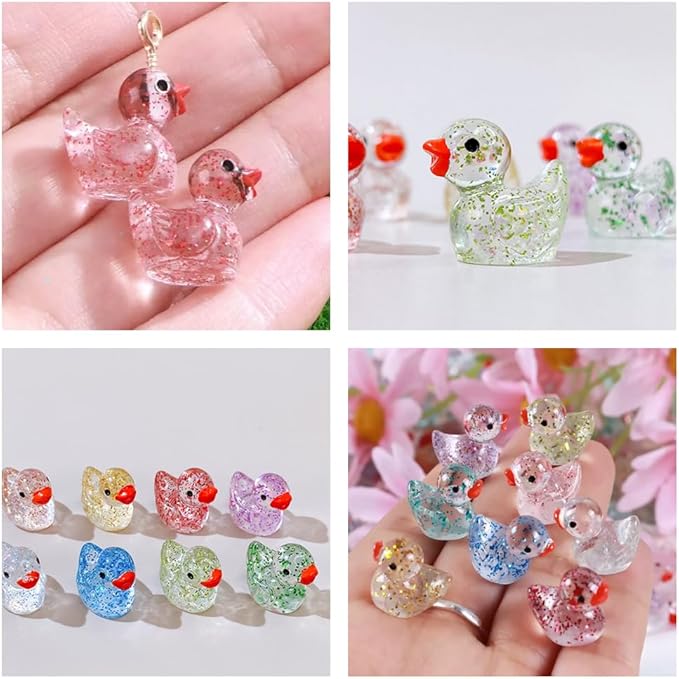100pcs Mini Resin Duck,15 mm Dollhouse Décor for Aquarium Decor Micro Fairy Garden Landscape Hide,Seek Party Toys,Easter Basket Stuffer, Gift for All Ages (Glitter-Multicolour)