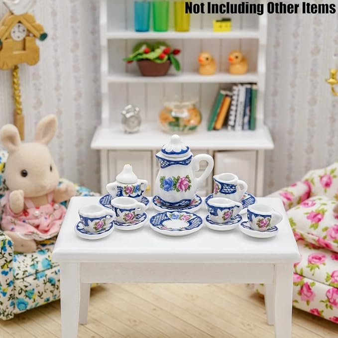 Odoria 1/12 Miniature Porcelain Tea Set 15Pcs Dollhouse Decoration Accessories, Blue Blossom