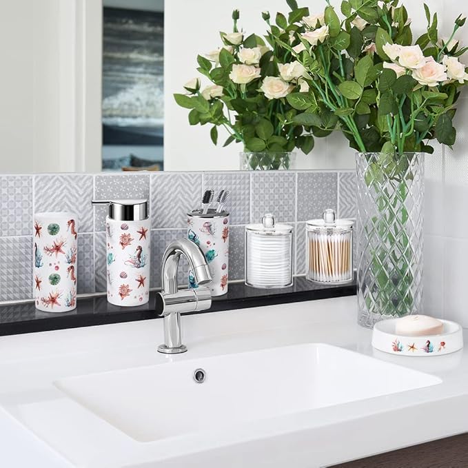 OTOSTAR Bathroom Accessory Set 8 Pcs Ocean Bathroom Accessories Set Luxury Bath Set with Trash Can Soap Dispenser Toothbrush Holder Tumbler Soap Dispenser Toilet Brush Holder Qtip Holder (Seahorse)