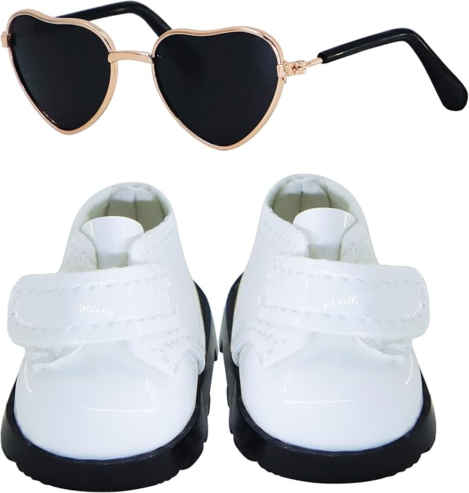 Suitable for 17cm Doll Trendy Small Leather Shoes Paired with Heart Shaped Sunglasses Cute Outfit Two-Piece Set (Brilliant White)