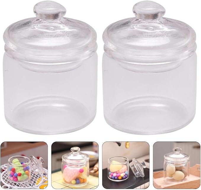 2 Pcs Miniature Glass Storage Jars with Lids for Dollhouse Decoration, Clear Mini Glass Canisters for Miniature Scenes, Creative Candy Containers