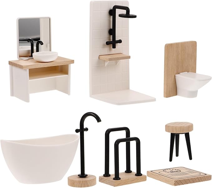 SEWACC Miniature Dollhouse Bathroom Set, 1:12 Scale, 8-Piece Mini Bathroom Furniture Accessories Sink Bathtub Toilet Vanity Stool Faucet Towel Rack for Decoration