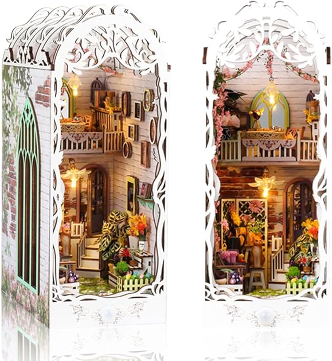 DIY Book Nook Kit - Miniature Dollhouse Booknook Kit for Adults,Teens, 3D Wooden Puzzle Bookend Bookshelf Deco, Christmas Birthday Gift, Flower House