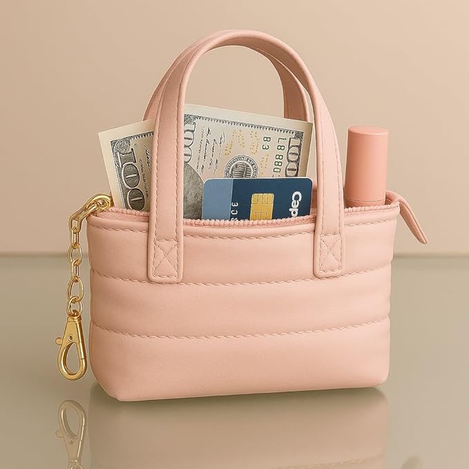 MyfavoriteK Cute Mini Tote Keychain Fancy Coin Pouch Charm Stylish Purse Key Chain for Women Novelty Puffer Handbbag Key Ring