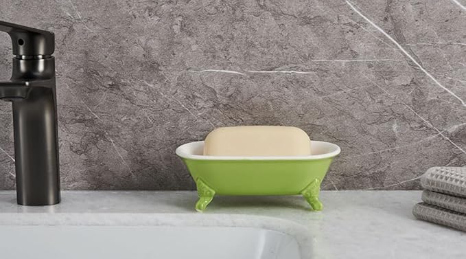 NEWHENGS 6.5" Ceramic Mini Decorative Clawfoot Bathtub Bar Soap Dish, Kitchen Sponge Holder and Shower Tray for Bathroom, 1 Pack(Lime)