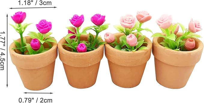 4 Pieces Mini Dollhouse Potted Plant Flower Model 1:12 Miniature Scene Bonsai Plant Set Accessories Micro Landscape Decoration (Rose+Pink)