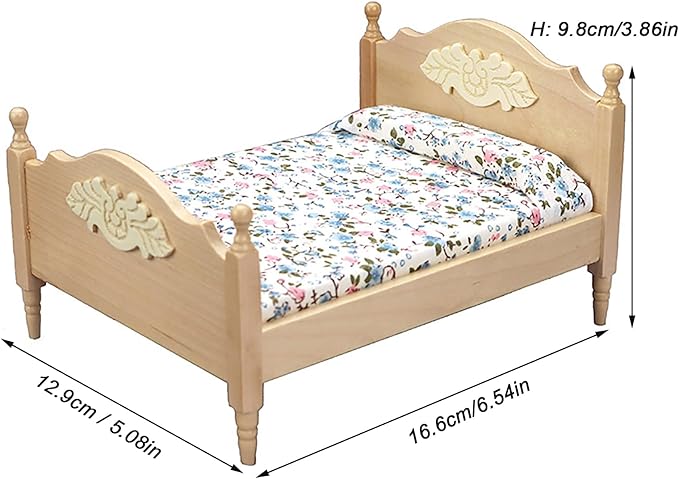 1/12 Dollhouse Bed Miniature Queen Bed Mini Woode Bed for Dollhouse Bedroom Furniture (Wood)