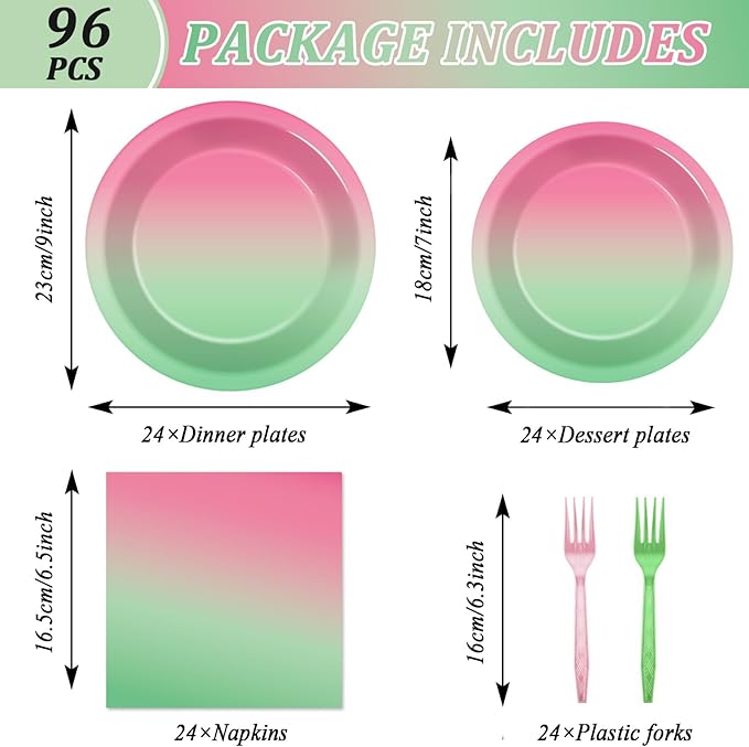 96Pcs Witch Birthday Party Decorations Gradient Pink and Green Tableware Witch Theme Paper Plates Napkins Forks Movie Dinnerware Party Supplies for Women Girls Birthday Baby Shower Serves 24 Guests