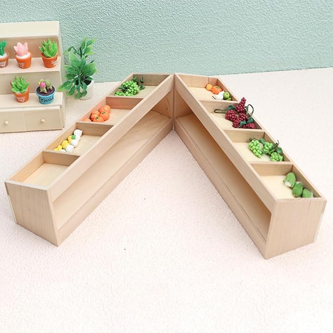 LOGOFUN 2Pcs Miniature Wooden Shelf 1:12 Scale Fruit Vegetable Rack Mini Wood Drawer Shelf Model Dollhouse Furniture Decoration Accessories