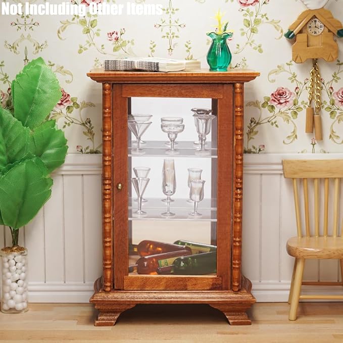 Odoria Dollhouse Display Cabinet Miniature: 1/12 Scale Mirrored Storage for Vintage Living Room - Mini Brown Curio Cabinets - Tiny Wood Furniture
