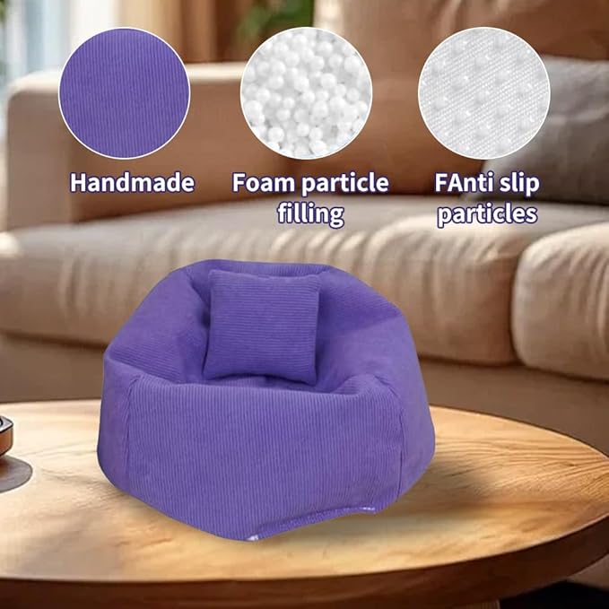 Miniature Sofa for Labubu, Cute Doll Seat for 17cm Labubu, Handmade Bean Bag Chair with Pillows, Soft Lazy Sofa Seat Miniature Couch for Dollhouse Furniture Decoration (Purple)
