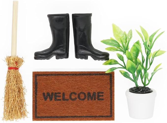 Odoria 1/12 Miniature Rubber Boots Plants Welcome Mats Doormat Broom Dollhouse Decoration Accessories