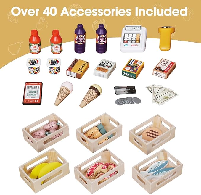 Touch Us Kids Grocery Store Playset,Pretend Play Store Toy & Wooden Supermarket Shopping Cart with Toy Cash Register, Play Money&Blackboard;26PCS Food Toys Shop for 3+ year old boys girls toddler baby