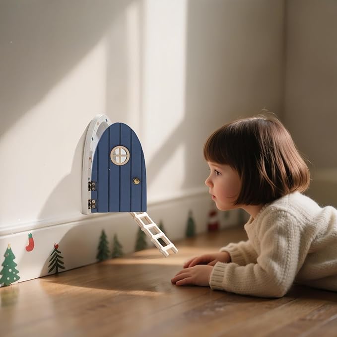 Christmas Mamimami Home Blue Wooden Magical Fairy Doors, 13cm 5.12 inch Elf Mouse Miniature Tiny Door with Ladder, Tooth Fairy Door Handmade Decorations Gifts