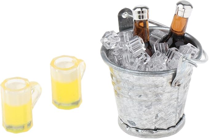 1 12 Doll House Accessories Miniature Ice Bucket with 2 Bottles and - for Dollhouse Kitchen Pub Bar Decor Scenes Making
