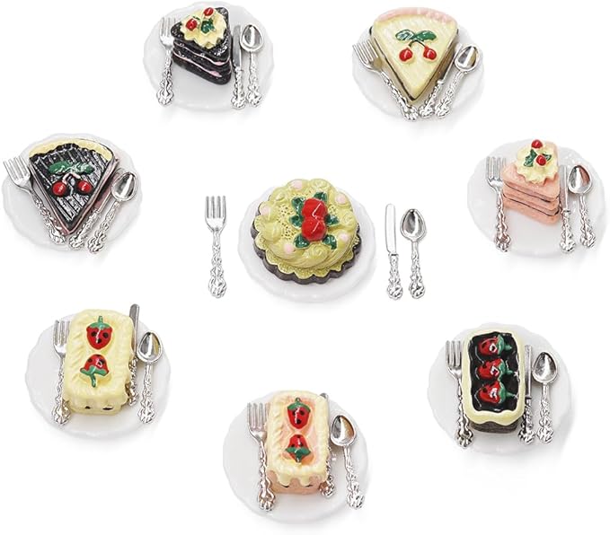 Odoria Dollhouse Cake Dessert Miniature: 40Pcs 1/12 Scale Bakery Pastries with Plates Silverware for Tea Party Picnic - Mini Realistic Baking Food Resin - Tiny Kitchen Tableware Cutlery