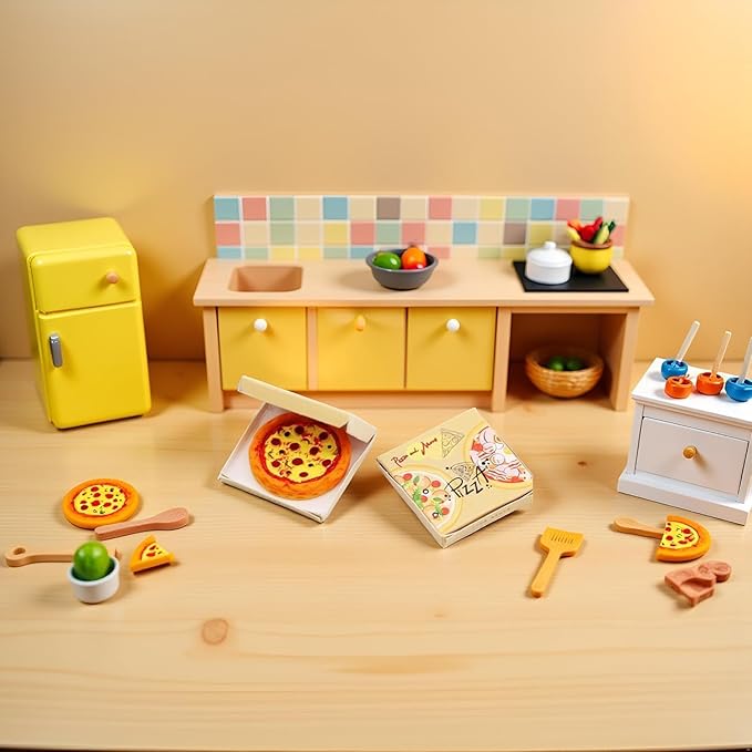 Miniature Pizza Box Set, 1:6 and 1:12 Scale, Dollhouse Food Accessories, Detailed Pizza Box with Printed Graphics Doll Pepperoni Pizza and Authentic Style Pizza Box.Girl Dolls Kitchens & Furniture