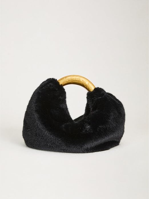 Black Faux Fur Handbag with Gold Metal Handle, Half Moon Top Handle Winter Bag