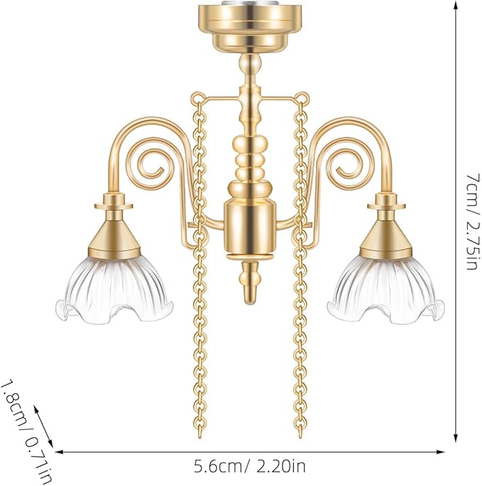 FRCOLOR Dollhouse Miniature Chandelier, Gold Double-Head Floral Ceiling Light Battery Operated for Dollhouse Lighting Decor Accessories, Tiny Ceiling Lamp for Miniature Furniture Scenes 1:12 Scale