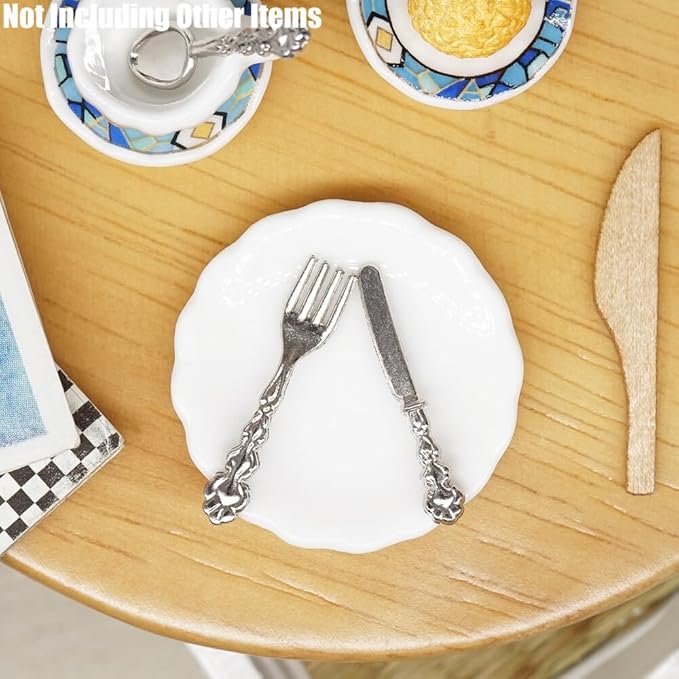 Odoria 1/12 Miniature Porcelain Tea Set Plates and Silverware Kitchen Utensils Dollhouse Accessories, Mediterranean Blue