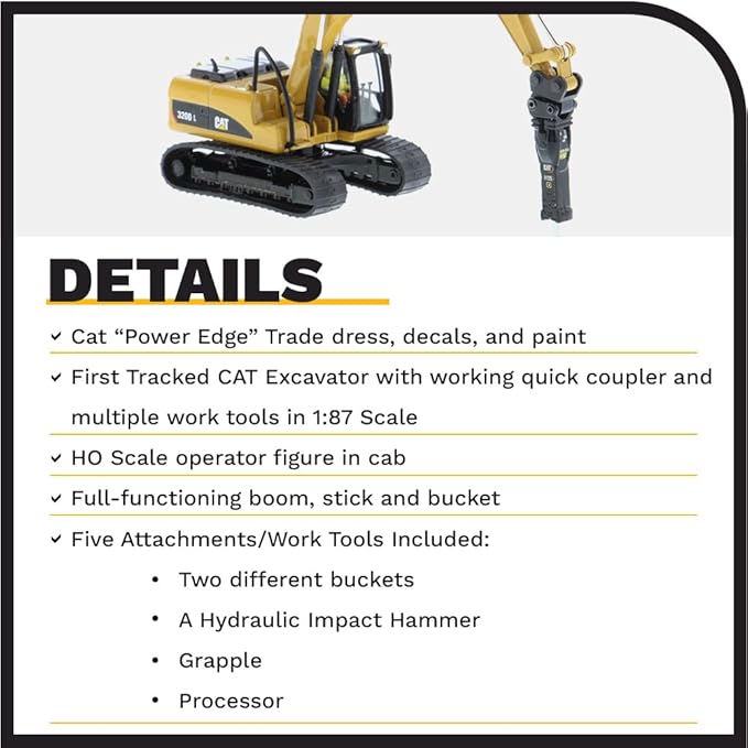 1:87 Caterpillar 320D L Hydraulic Excavator with Multiple Work Tools (Clean Up Bucket, Grapple, Hammer, and Multi Processor) - 85652 - High Line Series by Diecast Masters