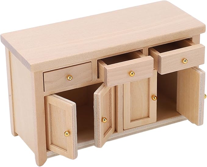 Dollhouse Cabinet 1:12 Scale Miniature Living Room Furniture Handcrafted Birch Storage Cabinet for Dollhouse Decor Kids Gift (Wood Color)
