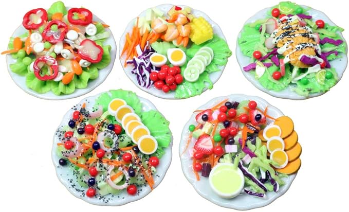 Set 5 Assorted Dollhouse Miniature Salad,Tiny Food On Ceramic Plate, Dollhouse Accessories for Collectibles