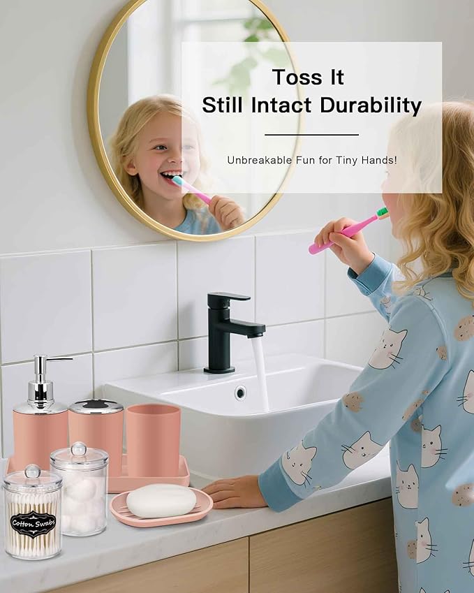 IMAVO Bathroom Accessories Set,Coral Pink Bathroom Set,9 Pieces Bathroom Accessory Set,Tray,Qtip Holders,Toilet Brush,Trash Can for Bathroom Décor and Home Gifts