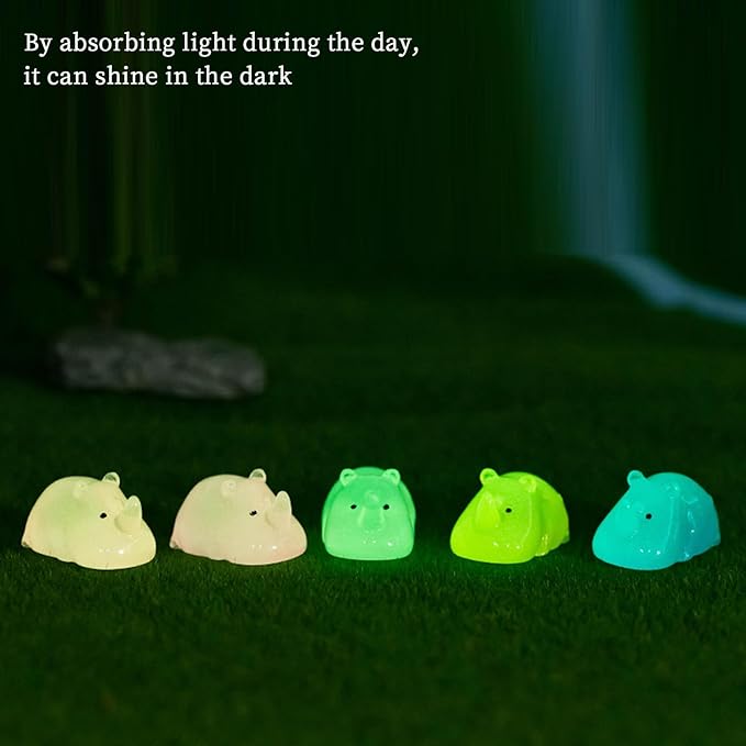 18 PCS Luminous Mini Rhino for Crafts Dollhouse Fairy Garden Decor Miniature Safari Animals Decor for Car Tiny Resin Animals for Micro Landscape Plant Pots