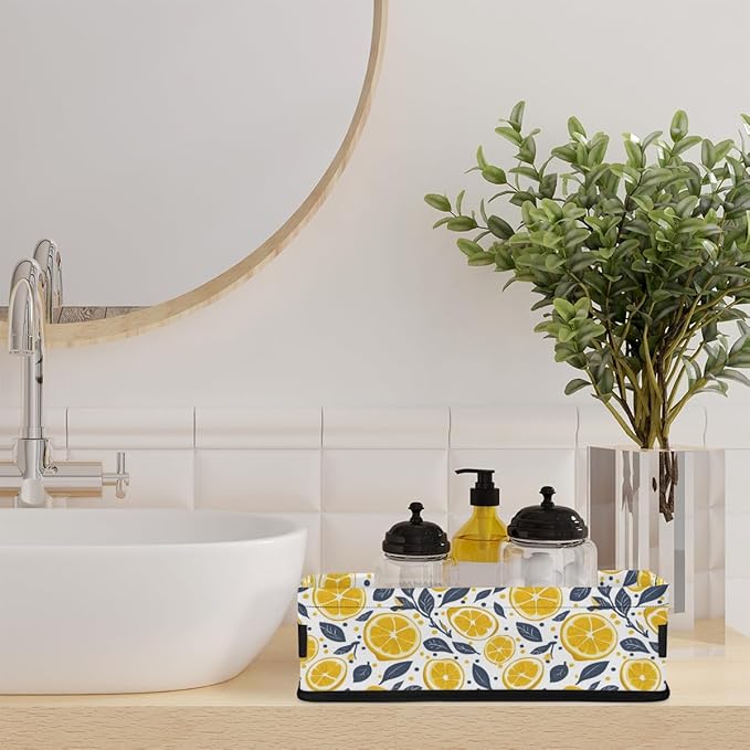 Lemon Leaves Print Bathroom Storage Baskets Waterproof Bathroom Counter Organizer Decorative Toilet Paper Storage Basket for Organizing for Bathroom Living Room Decor