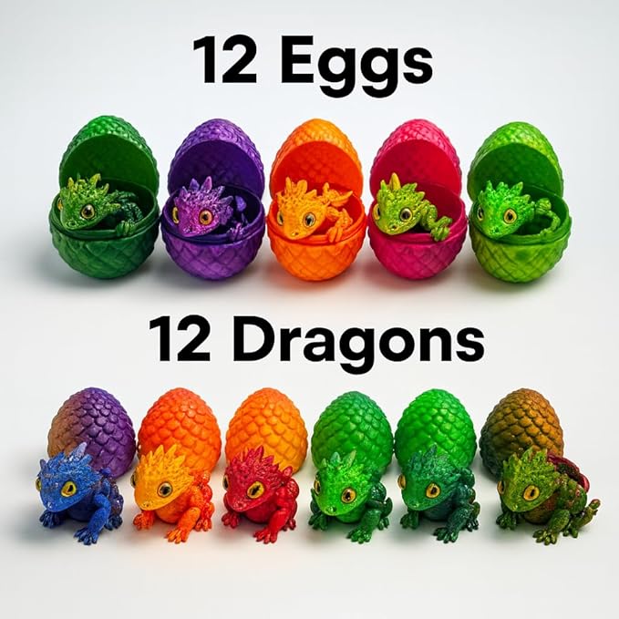 12 Pack 3D Printed Dragon Eggs & Crystal Dragons – Articulated Fidget Toy Gift Set with Display Tray, Assorted Colors for Kids, Collectors, Party Favors & Stocking Stuffers