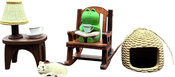 Miniature Frog Figurine Statue, Help Relax Enjoying Tea Time Mini Frog Cat Collection Desk Ofiice Bedroom Decor, Healing Heart Good Mood Indoor Home Decorations with Gift Box -Cat Company