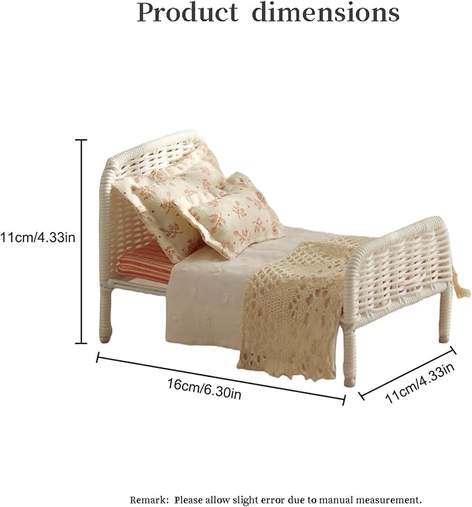1:12 Dollhouse Furniture Bed, 1 Set Miniature Fairy Pastoral Style White Rattan Bed with Removable Lace Bedding, Modemn Bedroom Furniture Accessories Set