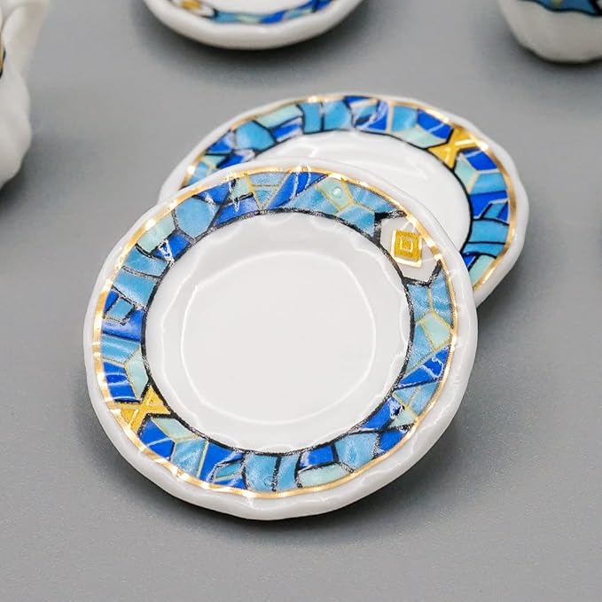 Odoria 1/12 Miniature Porcelain Tea Set 15Pcs Dollhouse Decoration Accessories, Mediterranean Blue